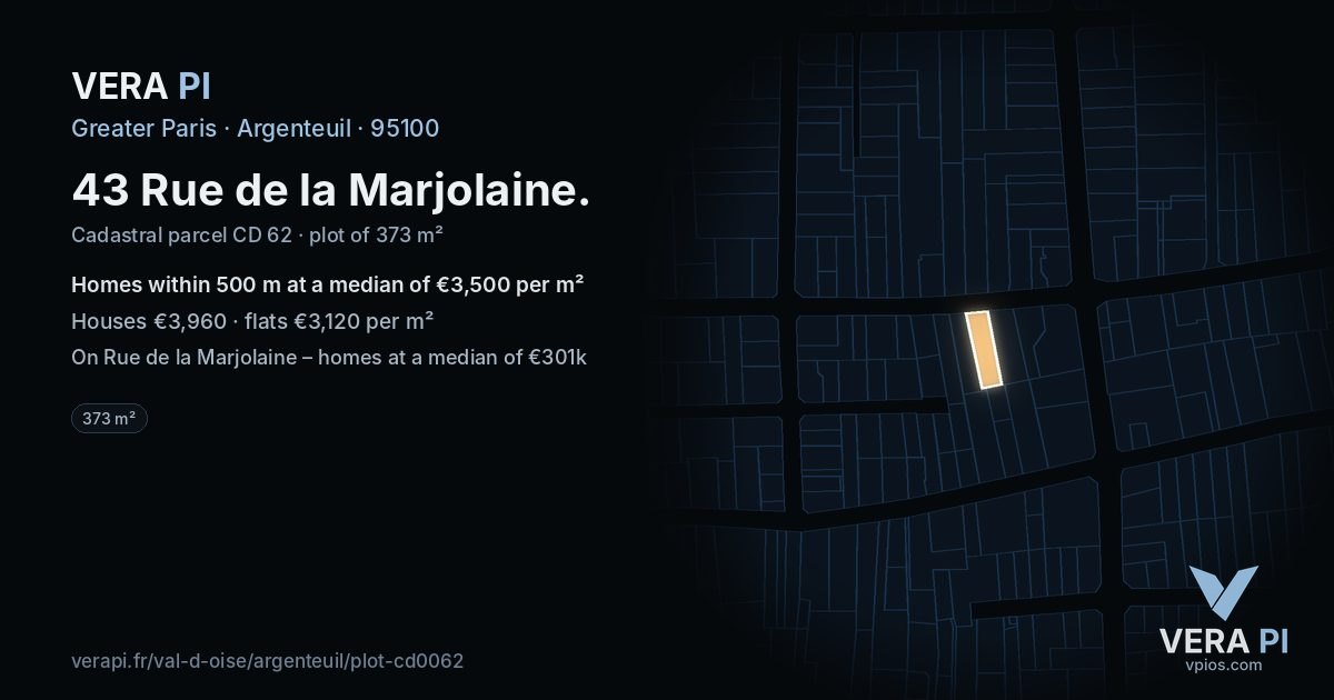 43 Rue de la Marjolaine, Argenteuil at night – the plot lit, the parcels around coloured by the prices near them