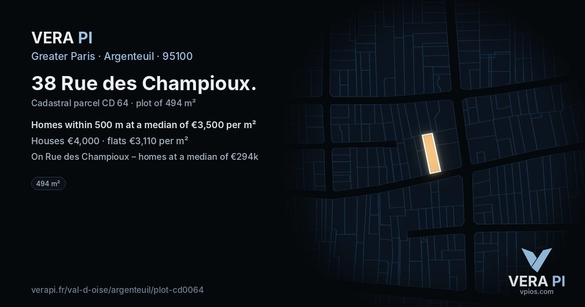 38 Rue des Champioux, Argenteuil at night – the plot lit, the parcels around coloured by the prices near them