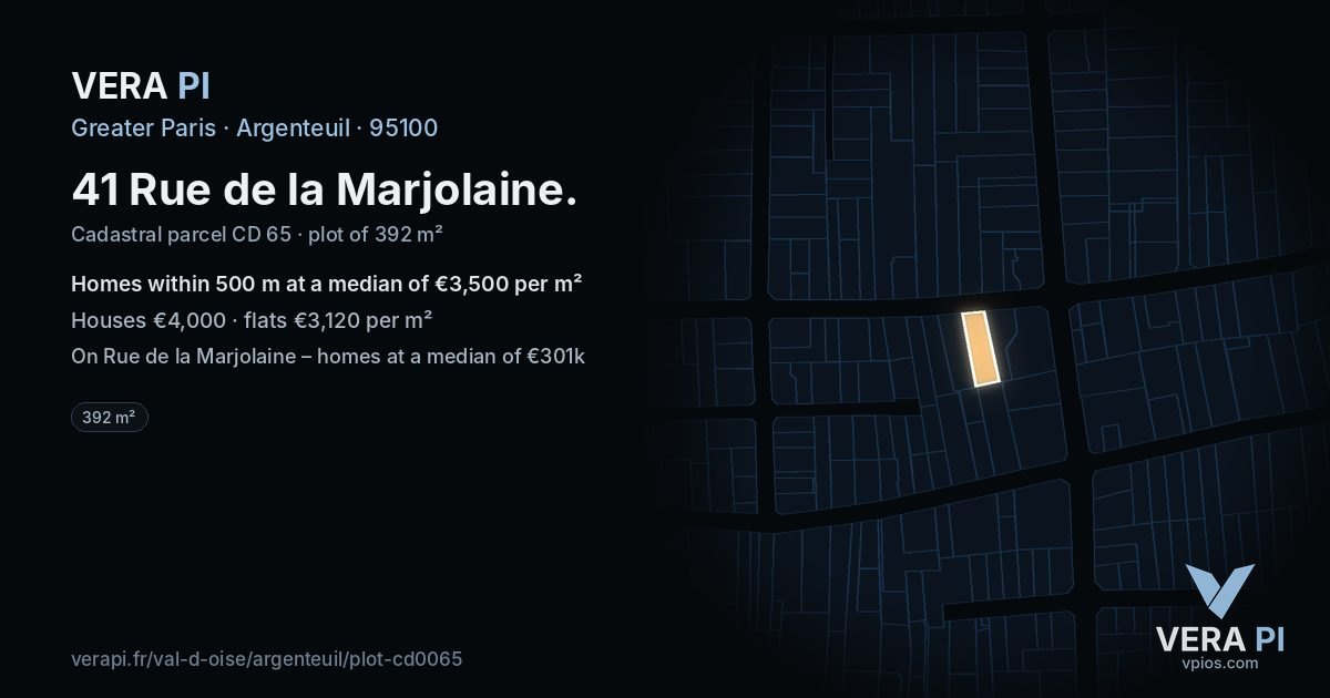 41 Rue de la Marjolaine, Argenteuil at night – the plot lit, the parcels around coloured by the prices near them