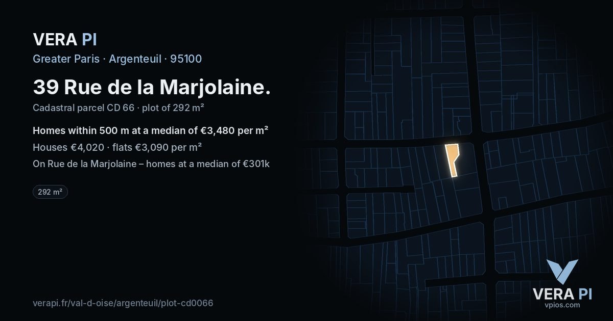 39 Rue de la Marjolaine, Argenteuil at night – the plot lit, the parcels around coloured by the prices near them