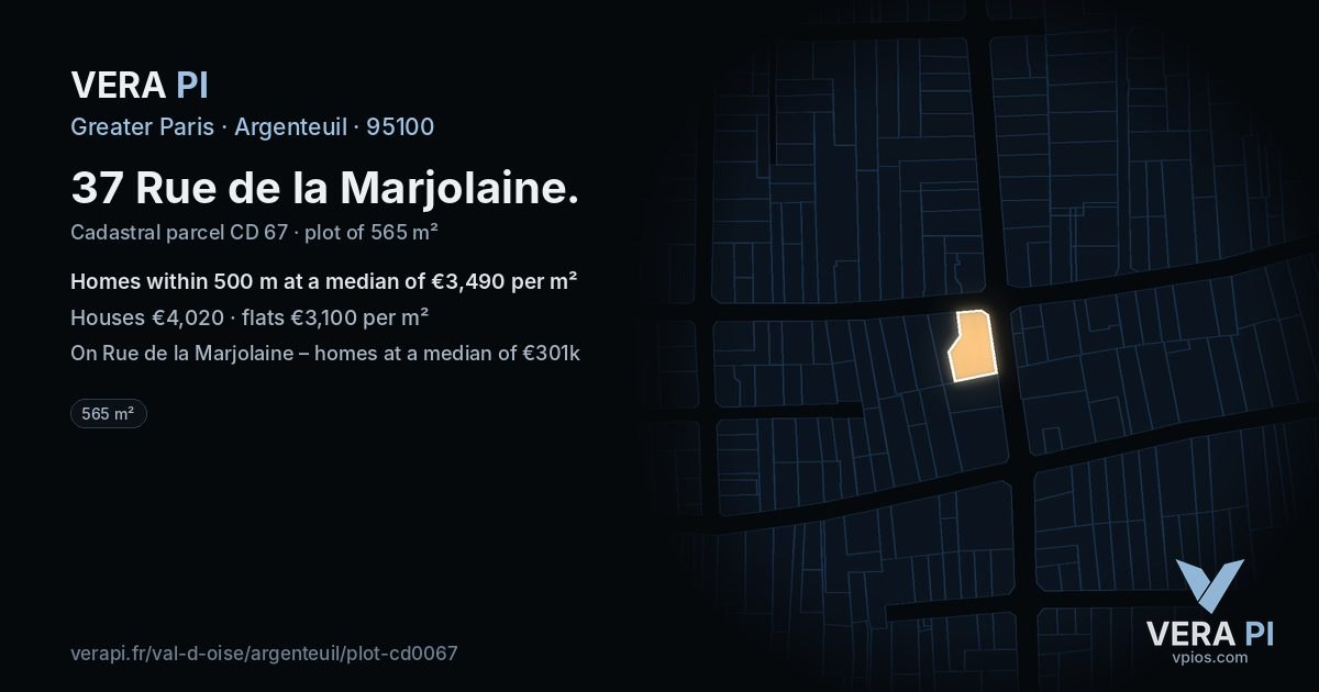 37 Rue de la Marjolaine, Argenteuil at night – the plot lit, the parcels around coloured by the prices near them