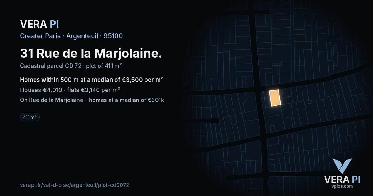 31 Rue de la Marjolaine, Argenteuil at night – the plot lit, the parcels around coloured by the prices near them