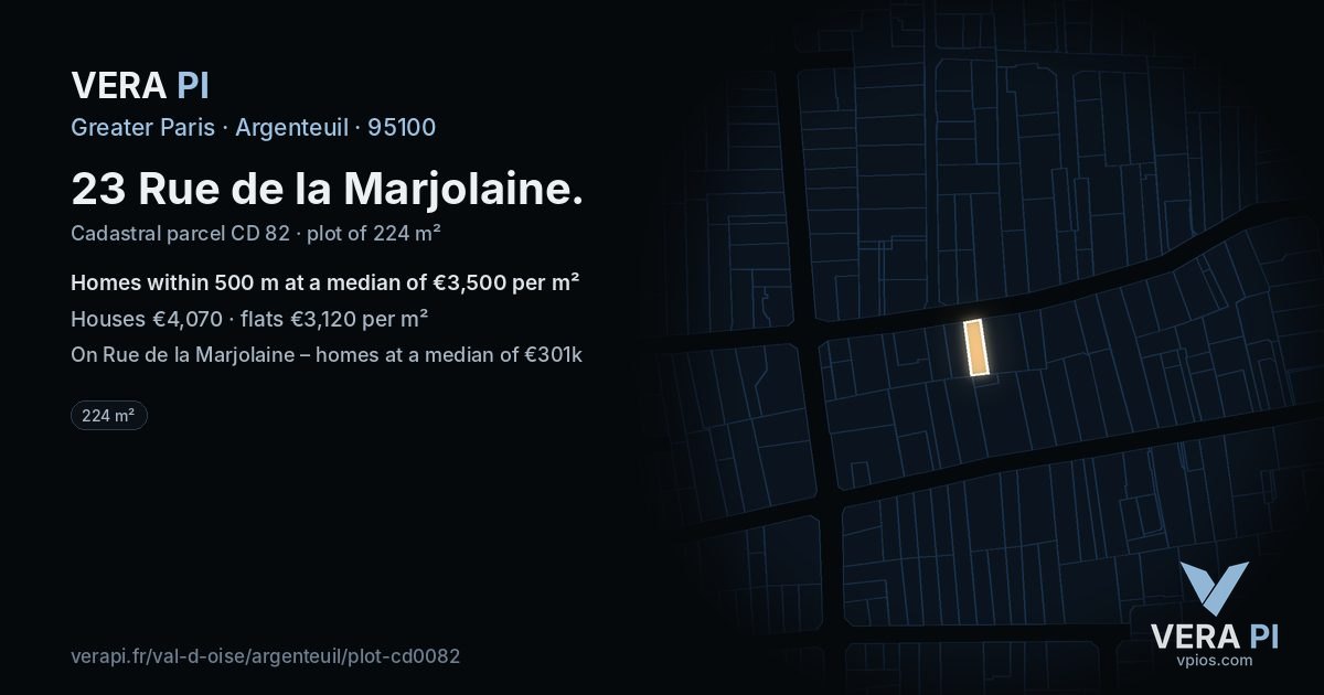 23 Rue de la Marjolaine, Argenteuil at night – the plot lit, the parcels around coloured by the prices near them