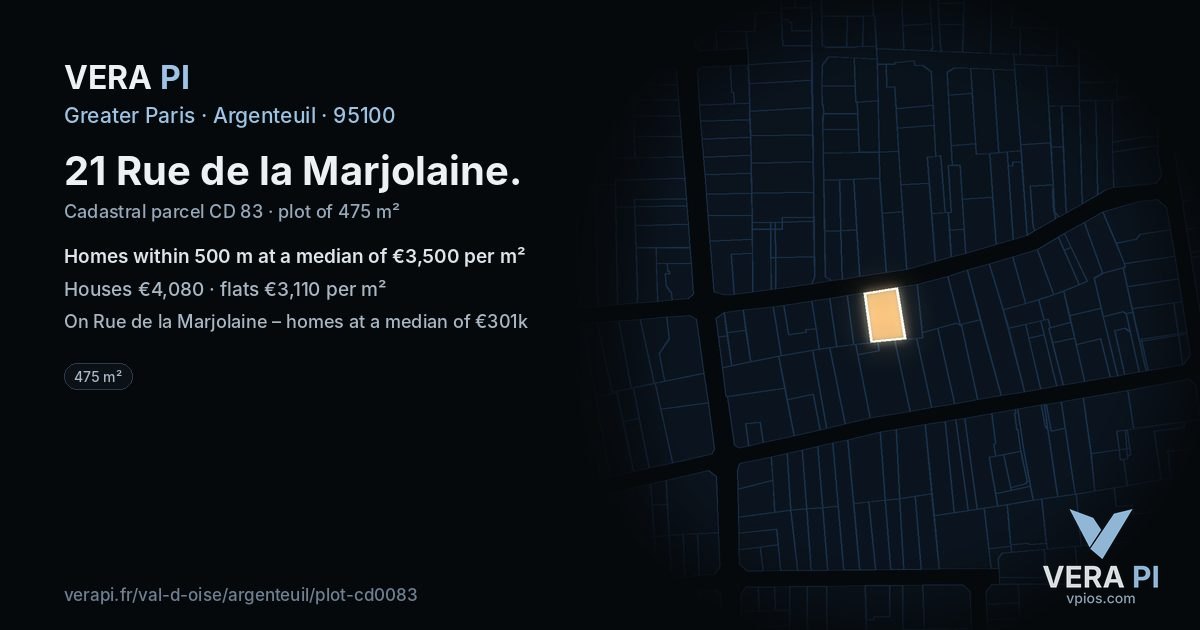 21 Rue de la Marjolaine, Argenteuil at night – the plot lit, the parcels around coloured by the prices near them