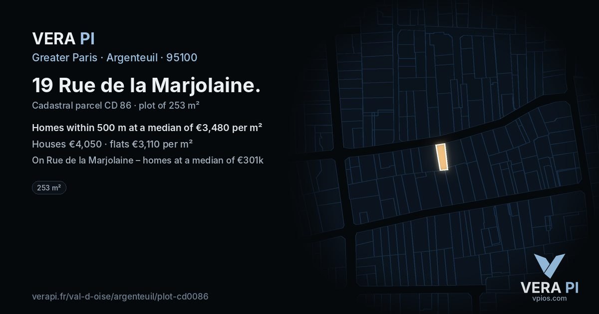 19 Rue de la Marjolaine, Argenteuil at night – the plot lit, the parcels around coloured by the prices near them