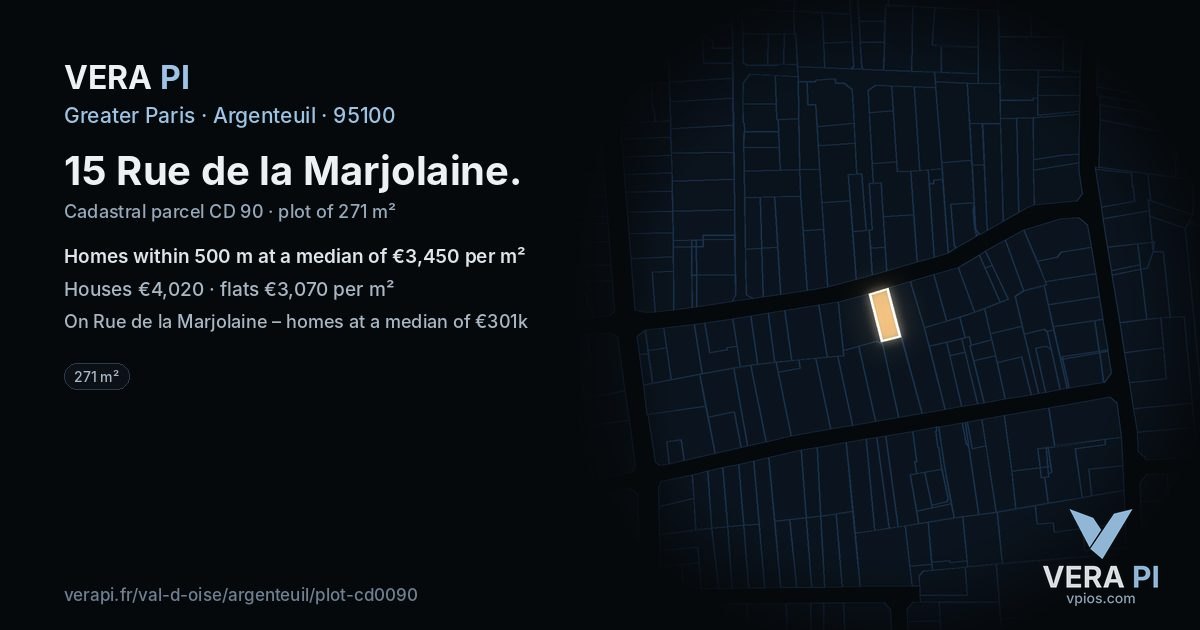 15 Rue de la Marjolaine, Argenteuil at night – the plot lit, the parcels around coloured by the prices near them