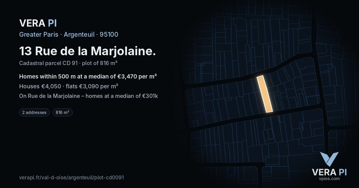 13 Rue de la Marjolaine, Argenteuil at night – the plot lit, the parcels around coloured by the prices near them