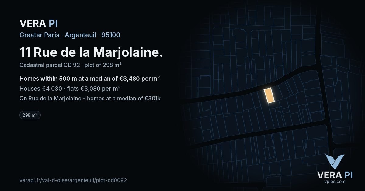 11 Rue de la Marjolaine, Argenteuil at night – the plot lit, the parcels around coloured by the prices near them