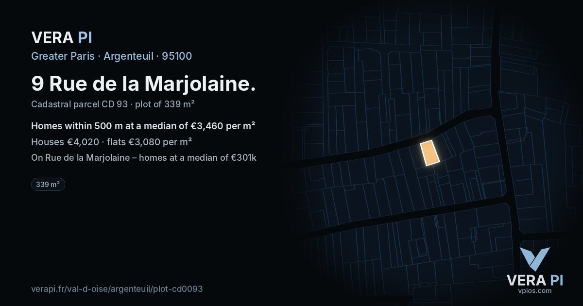 9 Rue de la Marjolaine, Argenteuil at night – the plot lit, the parcels around coloured by the prices near them