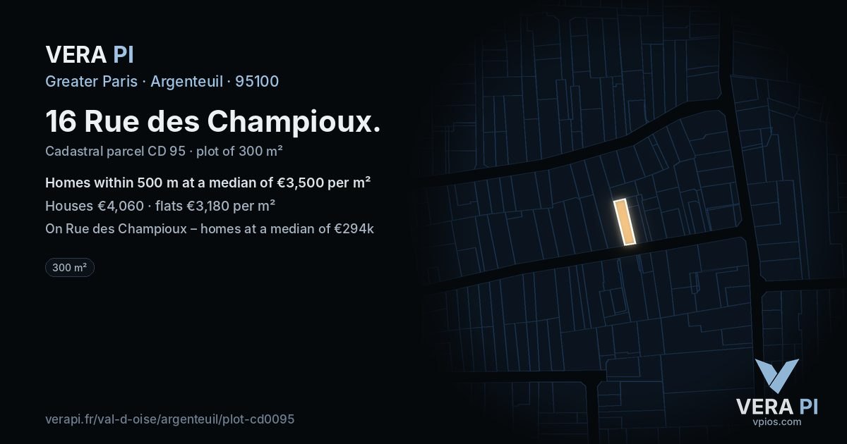 16 Rue des Champioux, Argenteuil at night – the plot lit, the parcels around coloured by the prices near them