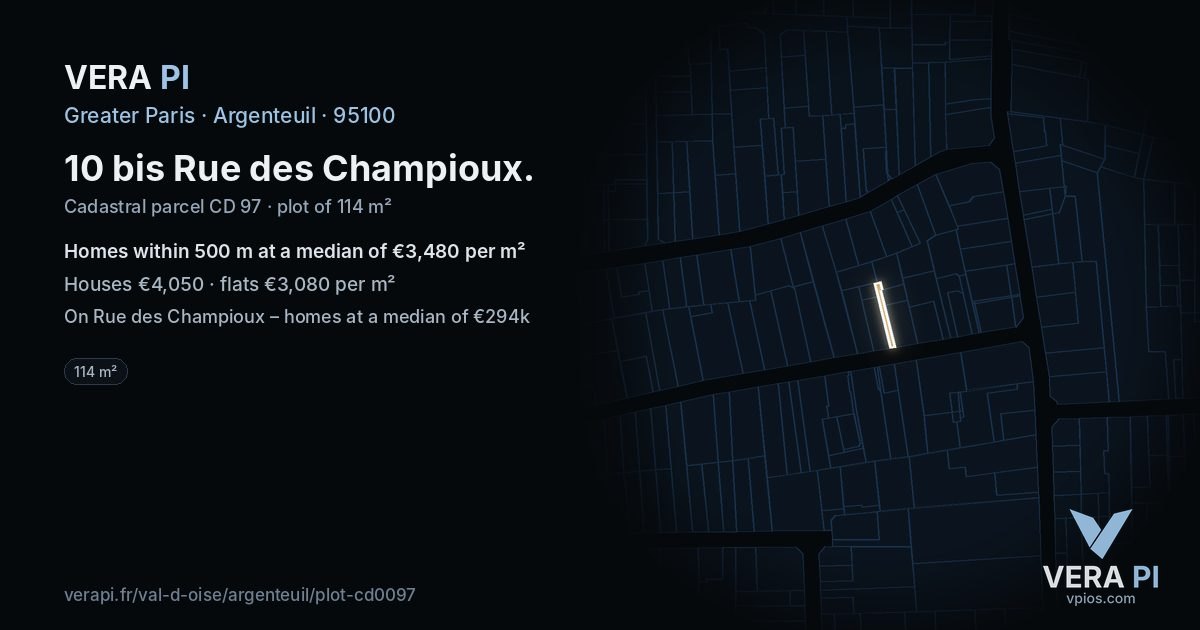 10 bis Rue des Champioux, Argenteuil at night – the plot lit, the parcels around coloured by the prices near them