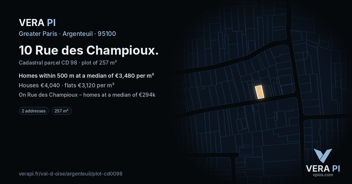 10 Rue des Champioux, Argenteuil at night – the plot lit, the parcels around coloured by the prices near them