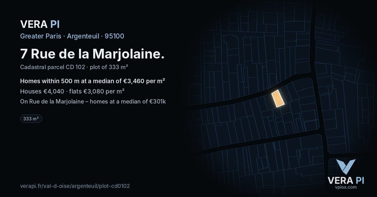 7 Rue de la Marjolaine, Argenteuil at night – the plot lit, the parcels around coloured by the prices near them