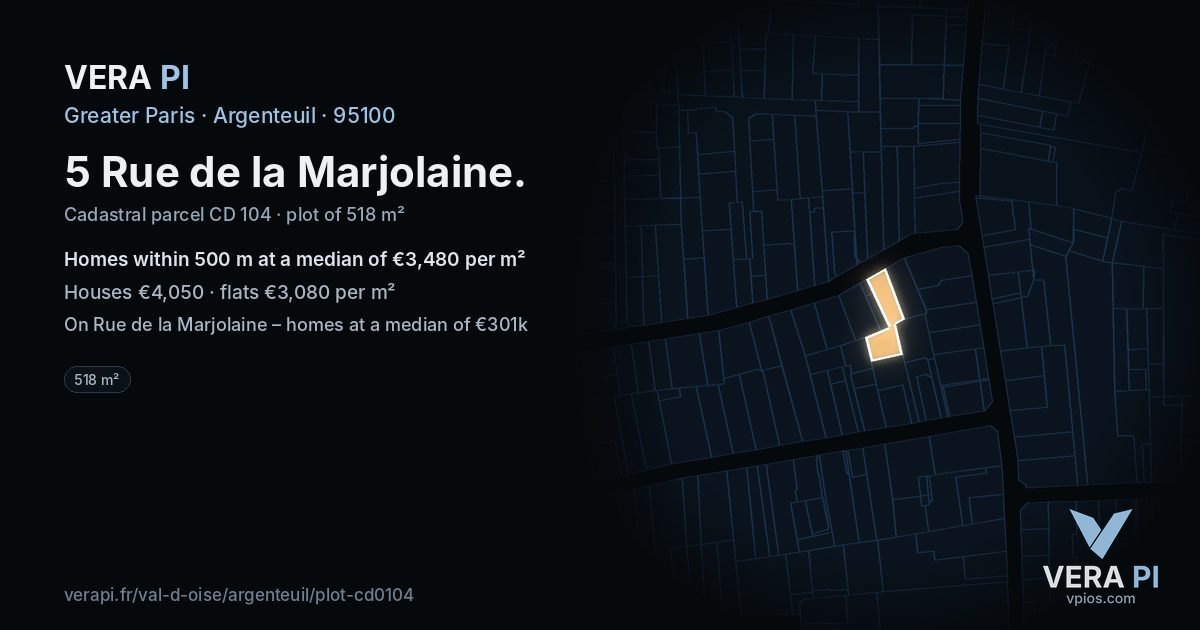 5 Rue de la Marjolaine, Argenteuil at night – the plot lit, the parcels around coloured by the prices near them