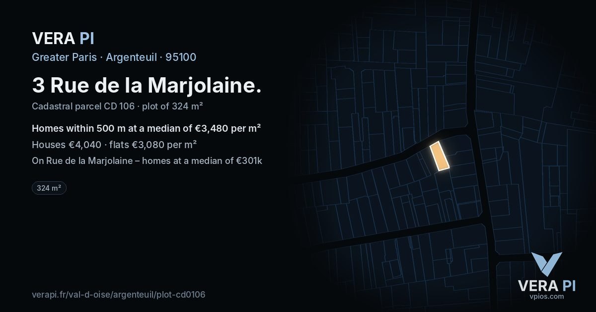 3 Rue de la Marjolaine, Argenteuil at night – the plot lit, the parcels around coloured by the prices near them
