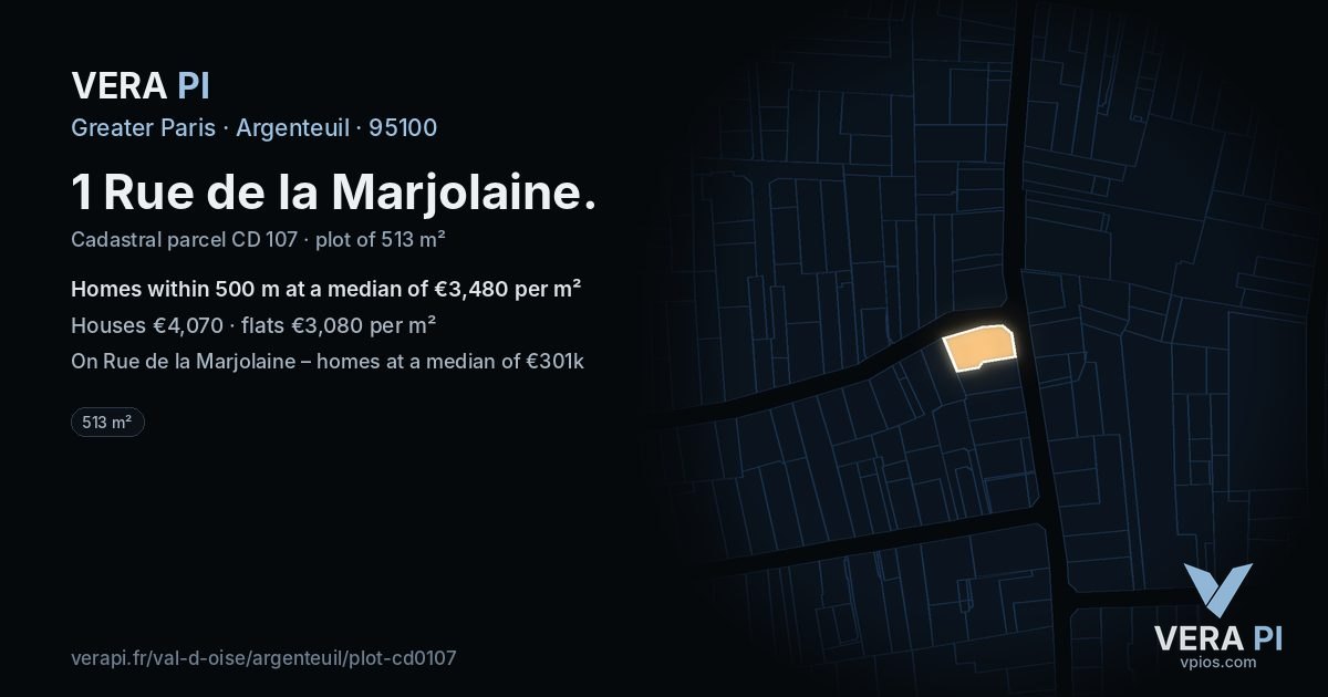 1 Rue de la Marjolaine, Argenteuil at night – the plot lit, the parcels around coloured by the prices near them