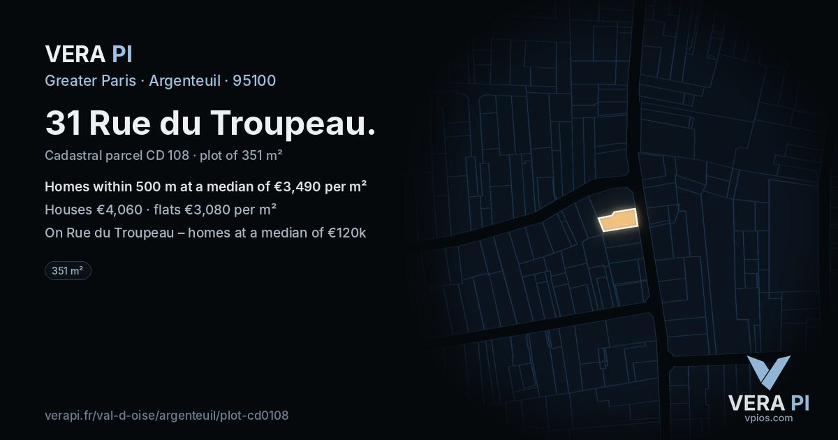 31 Rue du Troupeau, Argenteuil at night – the plot lit, the parcels around coloured by the prices near them