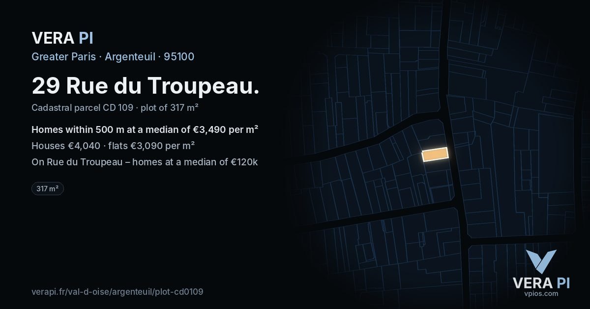 29 Rue du Troupeau, Argenteuil at night – the plot lit, the parcels around coloured by the prices near them