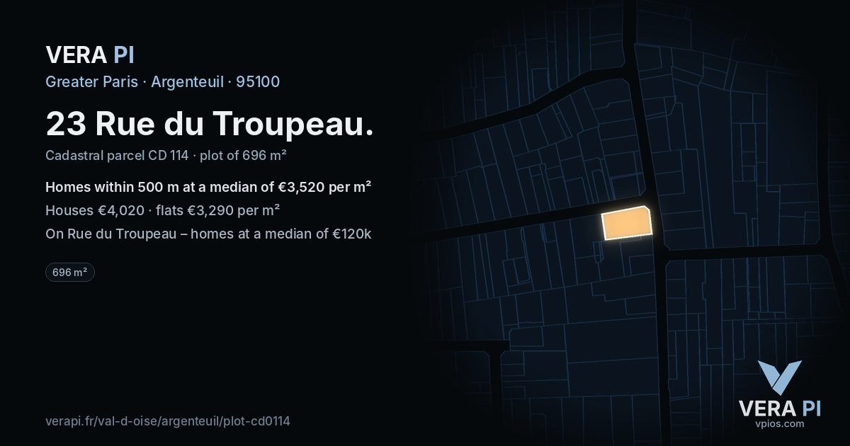 23 Rue du Troupeau, Argenteuil at night – the plot lit, the parcels around coloured by the prices near them
