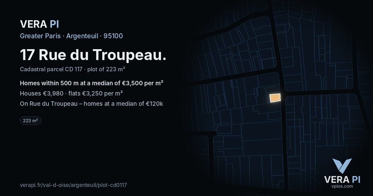 17 Rue du Troupeau, Argenteuil at night – the plot lit, the parcels around coloured by the prices near them