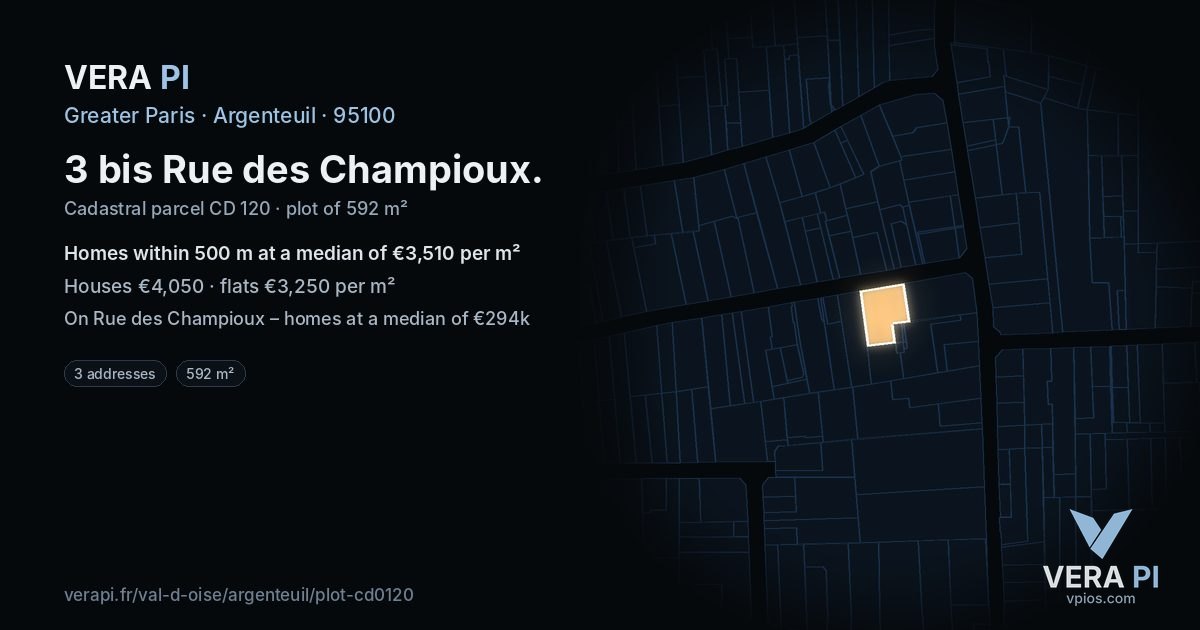 3 bis Rue des Champioux, Argenteuil at night – the plot lit, the parcels around coloured by the prices near them