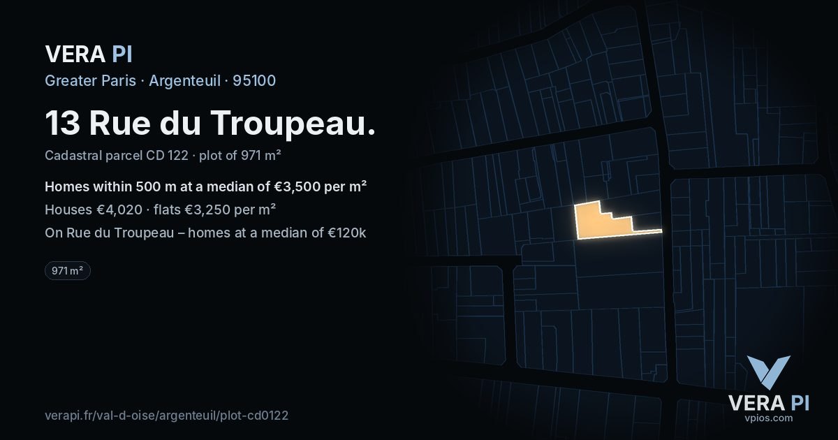 13 Rue du Troupeau, Argenteuil at night – the plot lit, the parcels around coloured by the prices near them
