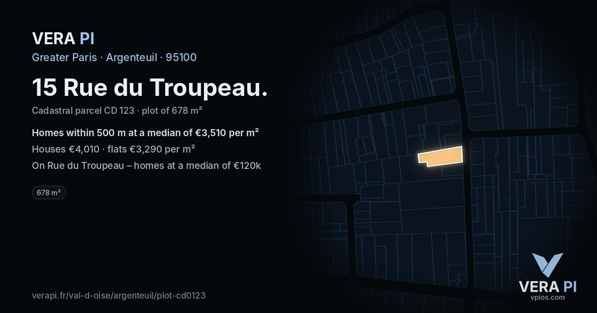 15 Rue du Troupeau, Argenteuil at night – the plot lit, the parcels around coloured by the prices near them