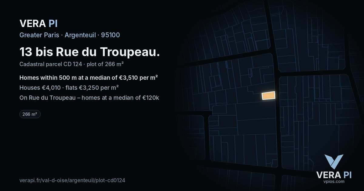 13 bis Rue du Troupeau, Argenteuil at night – the plot lit, the parcels around coloured by the prices near them