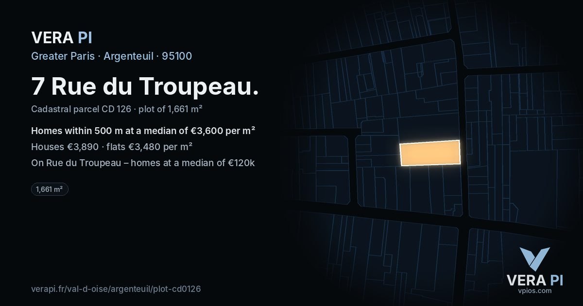 7 Rue du Troupeau, Argenteuil at night – the plot lit, the parcels around coloured by the prices near them