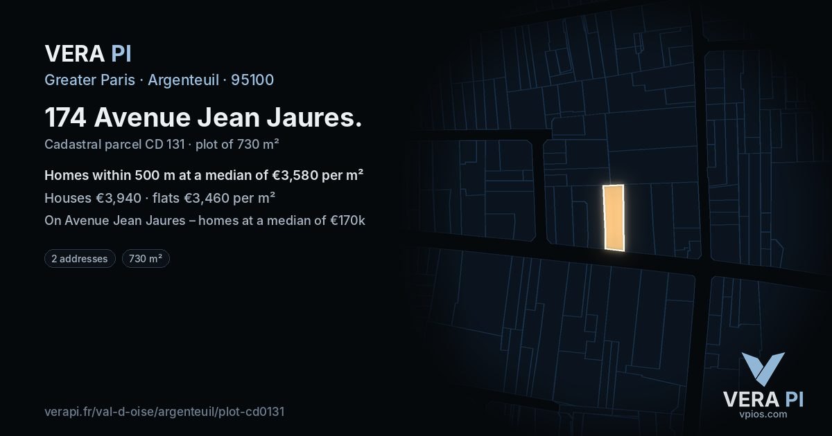 174 Avenue Jean Jaures, Argenteuil at night – the plot lit, the parcels around coloured by the prices near them