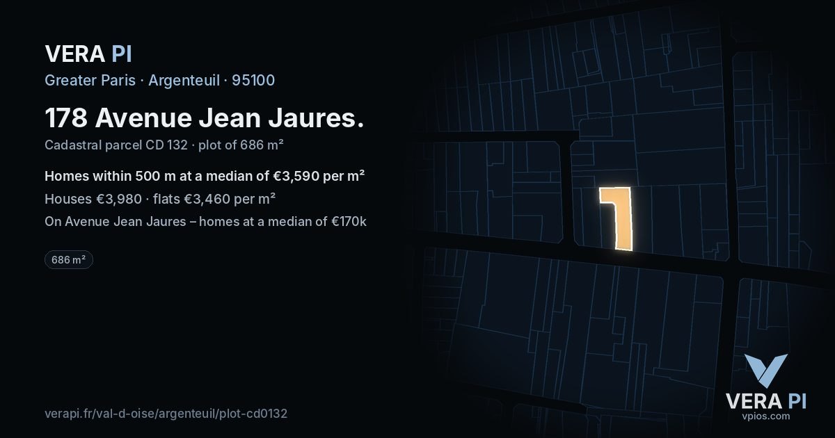 178 Avenue Jean Jaures, Argenteuil at night – the plot lit, the parcels around coloured by the prices near them