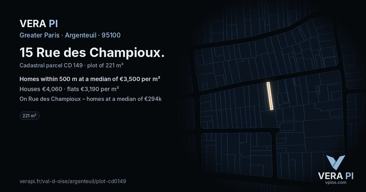 15 Rue des Champioux, Argenteuil at night – the plot lit, the parcels around coloured by the prices near them
