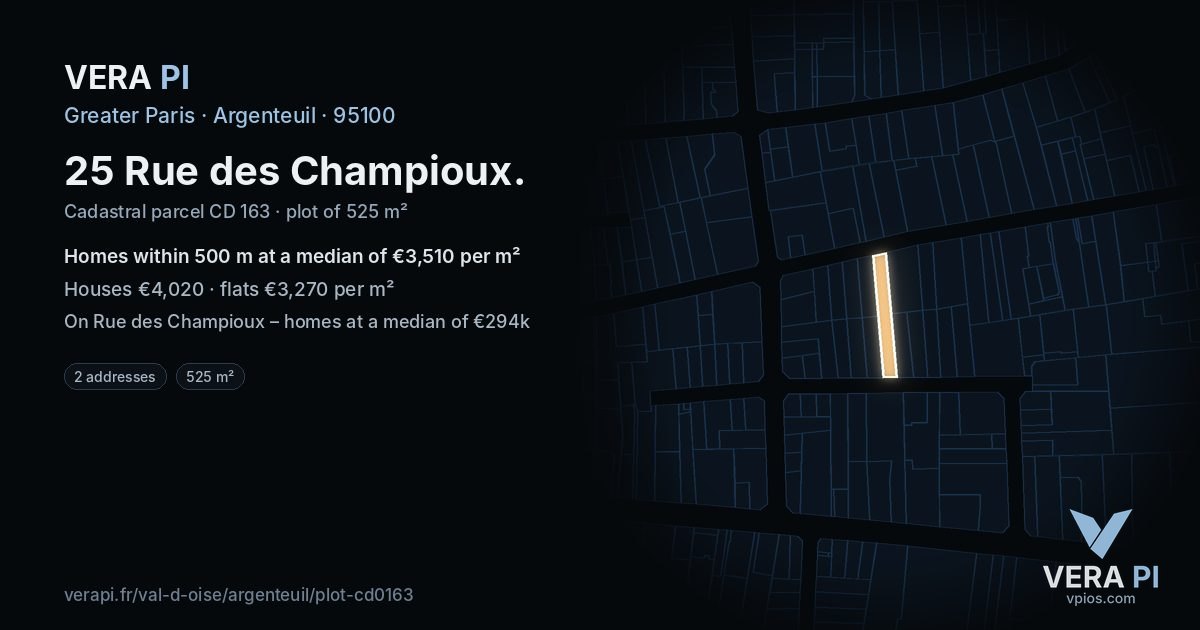 25 Rue des Champioux, Argenteuil at night – the plot lit, the parcels around coloured by the prices near them