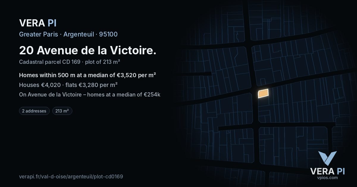 20 Avenue de la Victoire, Argenteuil at night – the plot lit, the parcels around coloured by the prices near them