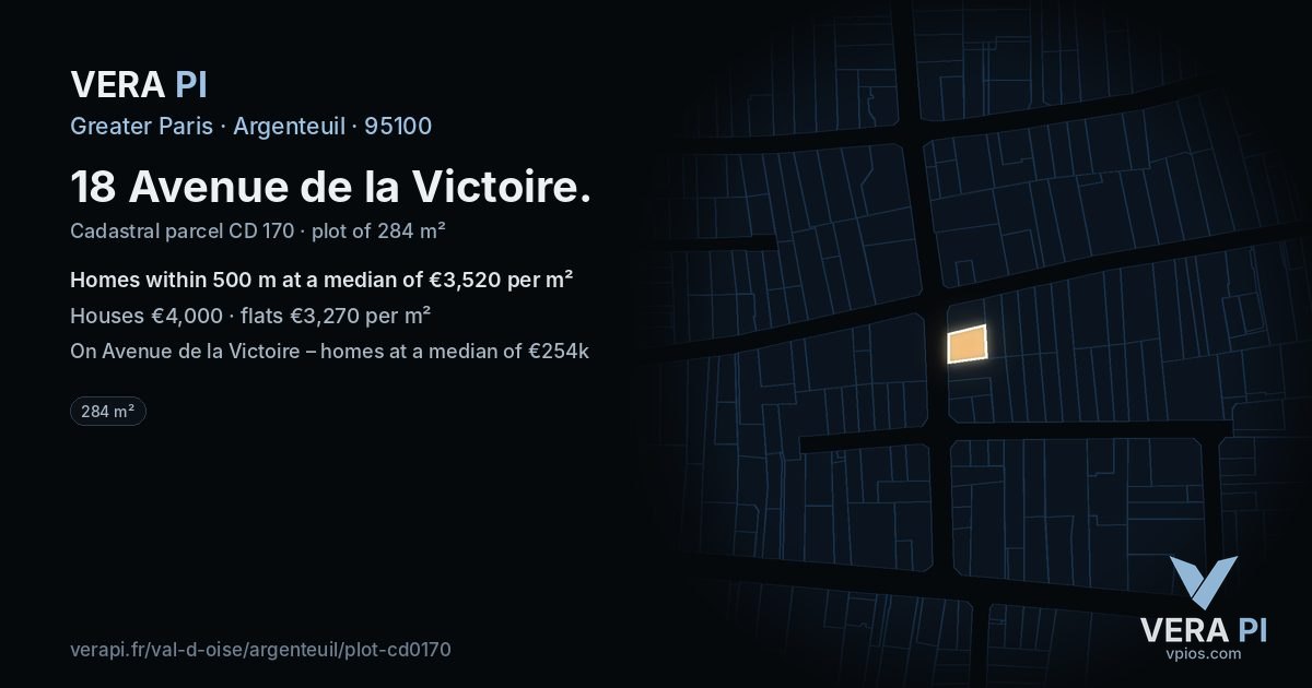 18 Avenue de la Victoire, Argenteuil at night – the plot lit, the parcels around coloured by the prices near them