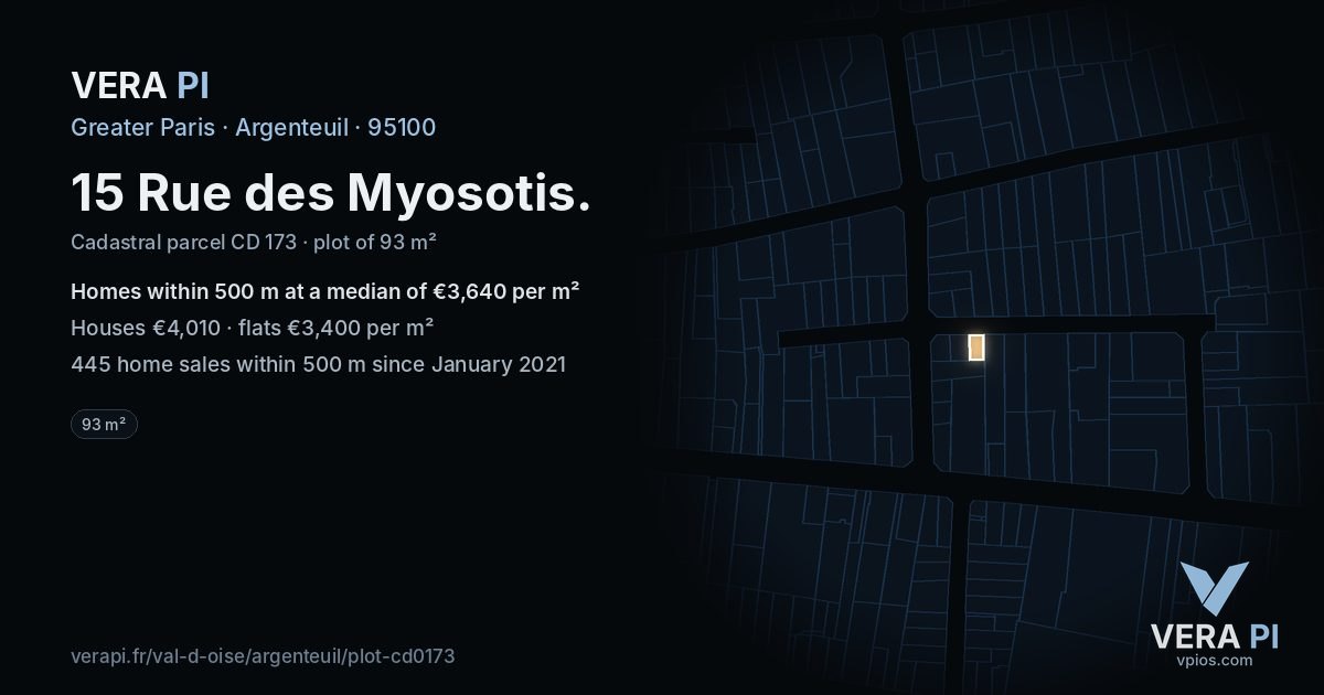 15 Rue des Myosotis, Argenteuil at night – the plot lit, the parcels around coloured by the prices near them