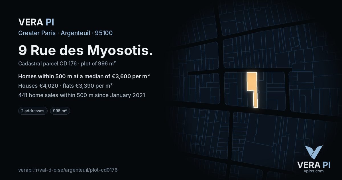 9 Rue des Myosotis, Argenteuil at night – the plot lit, the parcels around coloured by the prices near them