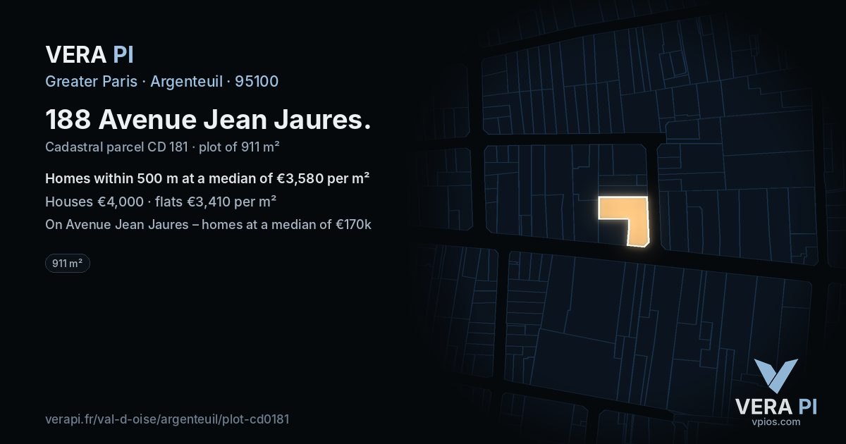 188 Avenue Jean Jaures, Argenteuil at night – the plot lit, the parcels around coloured by the prices near them
