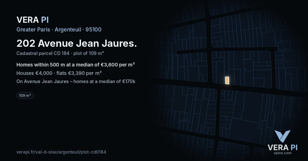 202 Avenue Jean Jaures, Argenteuil at night – the plot lit, the parcels around coloured by the prices near them