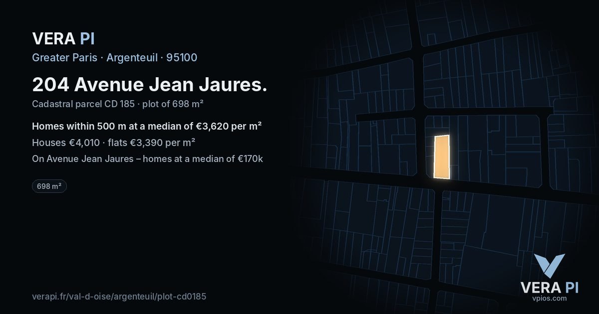 204 Avenue Jean Jaures, Argenteuil at night – the plot lit, the parcels around coloured by the prices near them