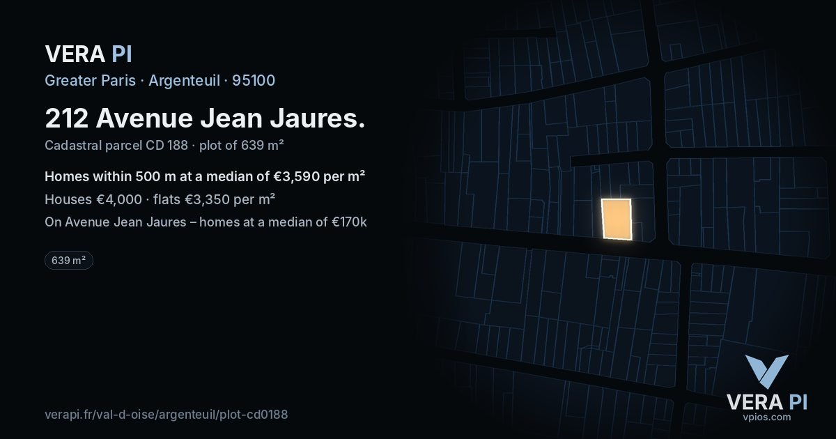 212 Avenue Jean Jaures, Argenteuil at night – the plot lit, the parcels around coloured by the prices near them