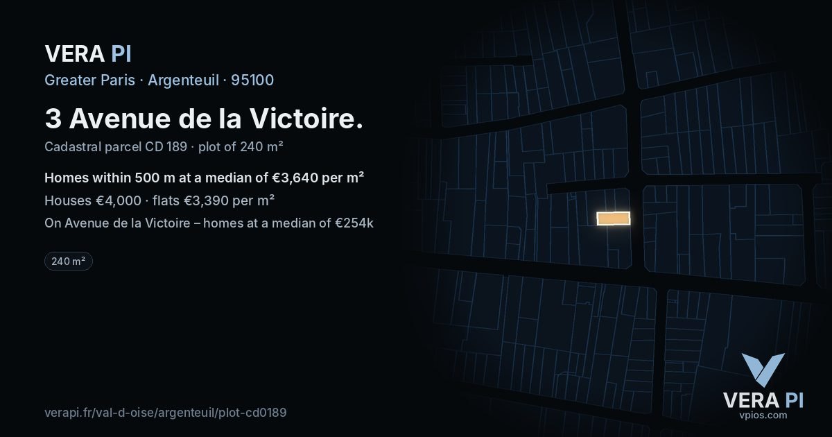 3 Avenue de la Victoire, Argenteuil at night – the plot lit, the parcels around coloured by the prices near them