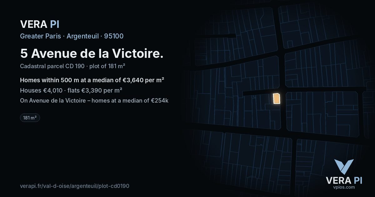 5 Avenue de la Victoire, Argenteuil at night – the plot lit, the parcels around coloured by the prices near them