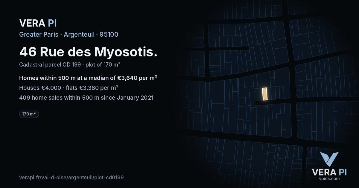 46 Rue des Myosotis, Argenteuil at night – the plot lit, the parcels around coloured by the prices near them