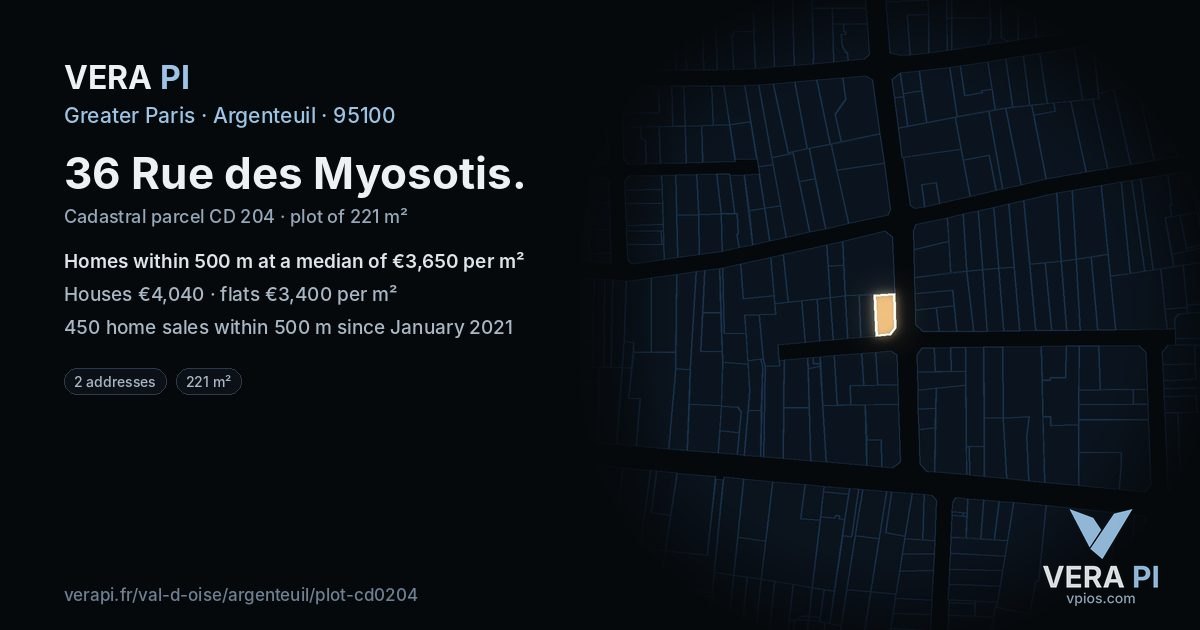 36 Rue des Myosotis, Argenteuil at night – the plot lit, the parcels around coloured by the prices near them