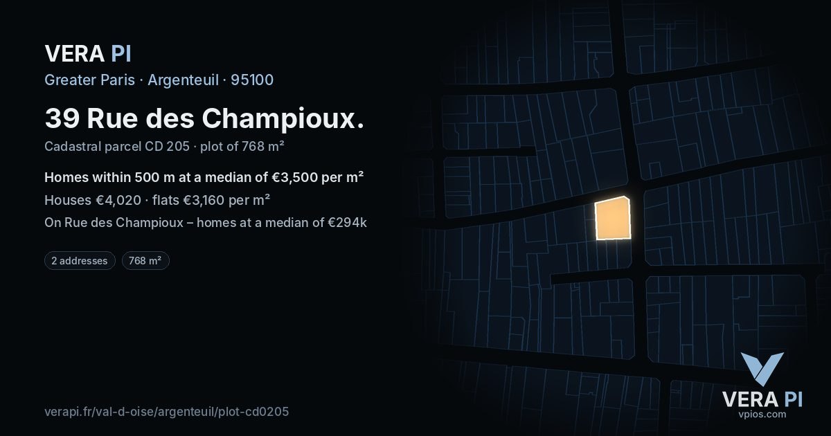 39 Rue des Champioux, Argenteuil at night – the plot lit, the parcels around coloured by the prices near them
