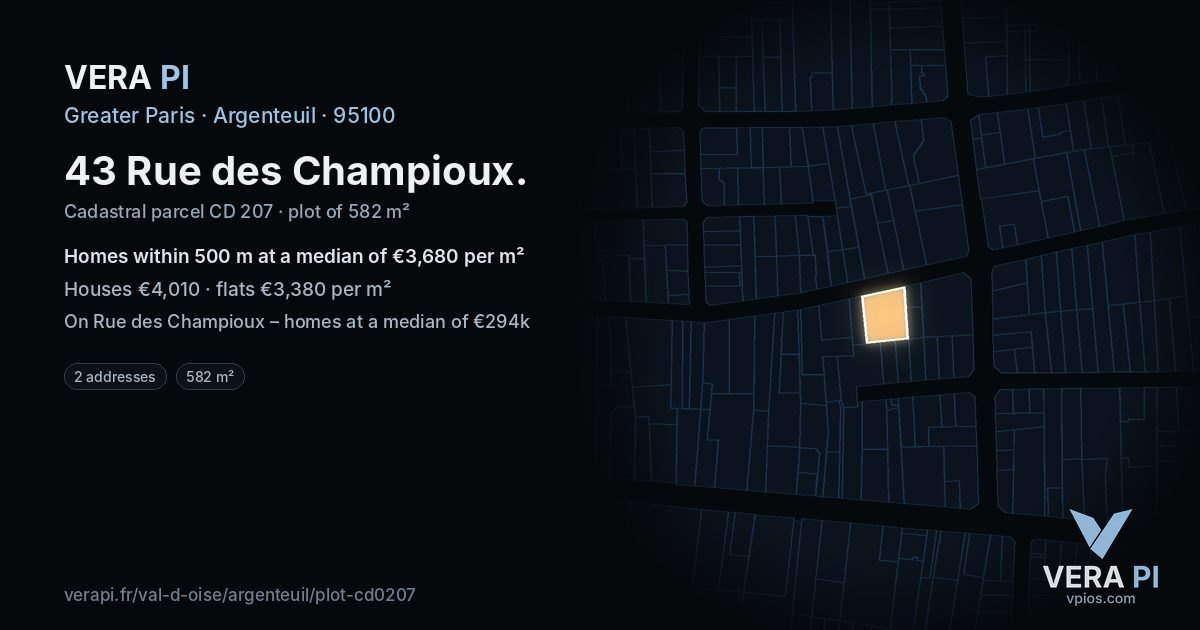 43 Rue des Champioux, Argenteuil at night – the plot lit, the parcels around coloured by the prices near them