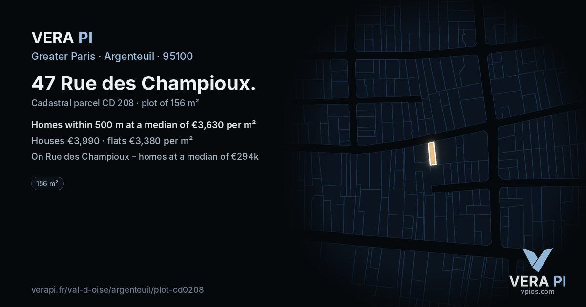 47 Rue des Champioux, Argenteuil at night – the plot lit, the parcels around coloured by the prices near them