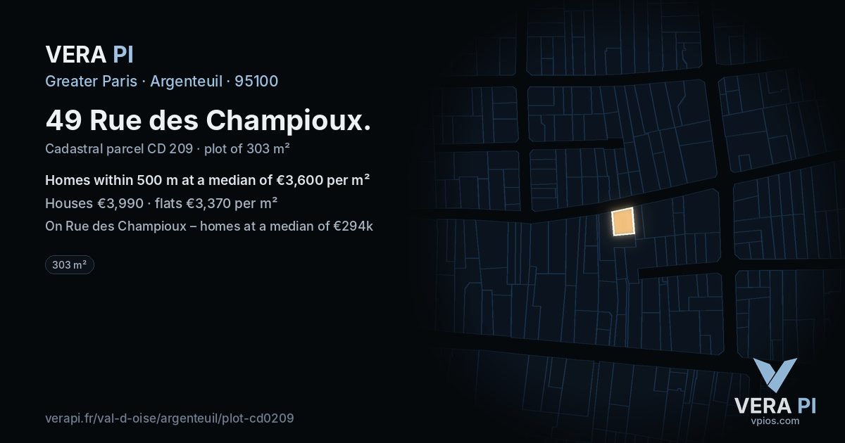 49 Rue des Champioux, Argenteuil at night – the plot lit, the parcels around coloured by the prices near them