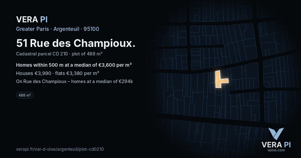 51 Rue des Champioux, Argenteuil at night – the plot lit, the parcels around coloured by the prices near them